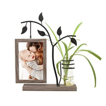Afuly Family Photo Frame 6x4 Rustic Wooden Picture Frames Double Sided Glass with Decorative Bud Vase and Metal Tree Unique Gifts