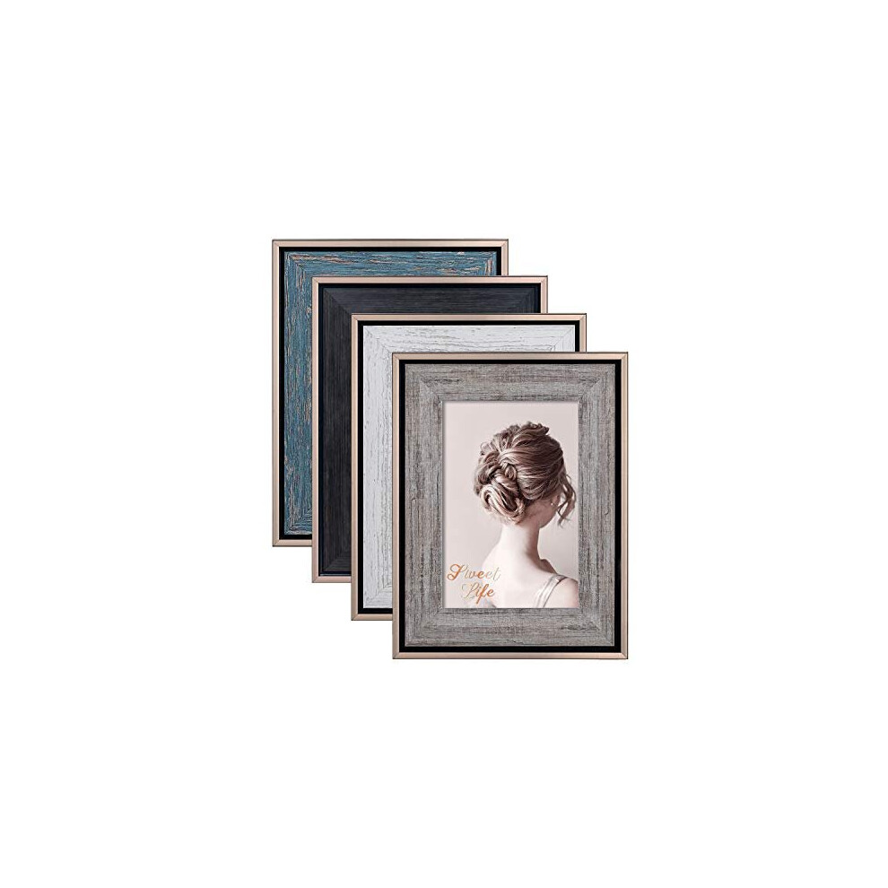 Egofine 6x4 Photo Frames Rustic - Distressed Frames 6x4 with Real Glass for Tabletop and Wall Mounting Display, Set of 4