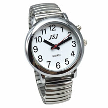 English Talking Watch with Alarm Expanding Bracelet?Talking Date and Time, Silver Color, White Face TE
