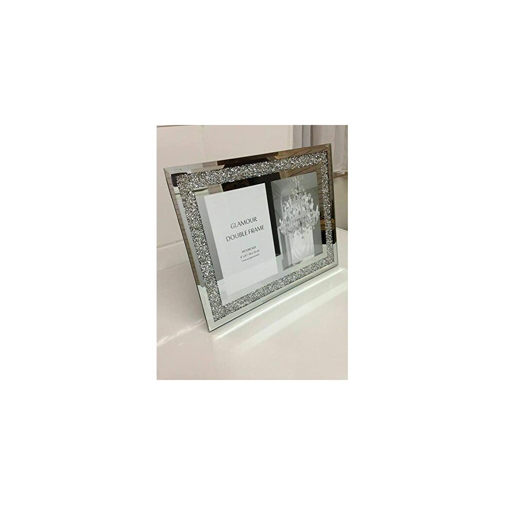 Deenz Crushed Crystals Photo Frame Mirrored Crushed Jewel Crystal Diamante Picture Frame (Double Picture Frame) Silver