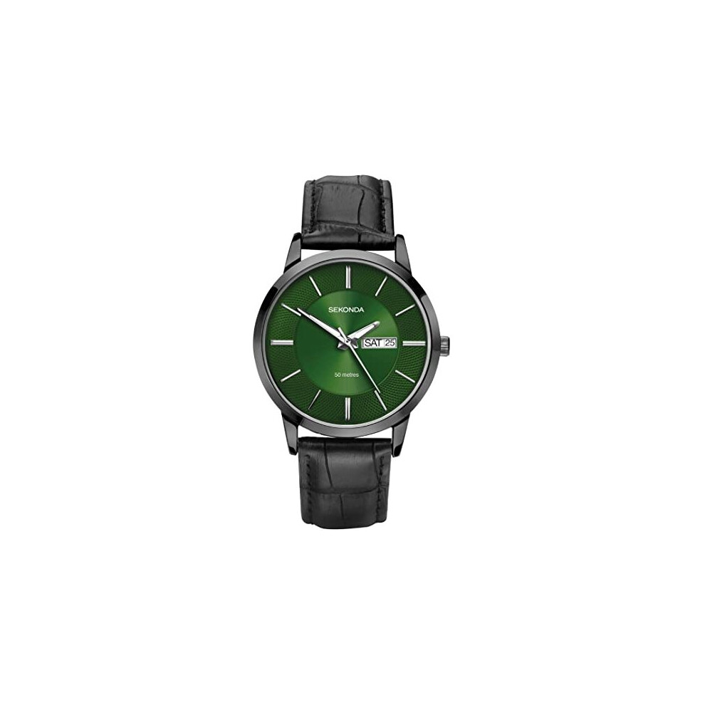 Sekonda Mens Classic Analogue Quartz Watch with Green Dial and Black Leather Strap 1921