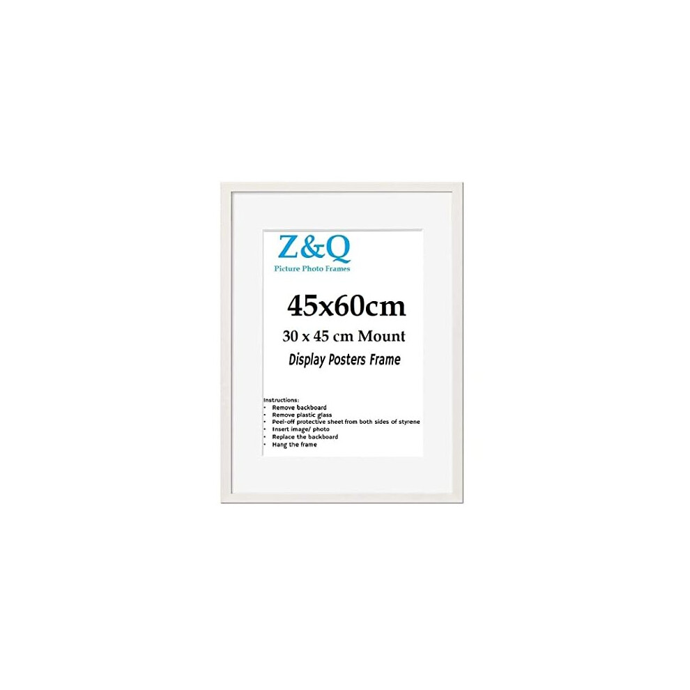 Z&Q Sturdy 45x60 CM Photo Frame With 30x45 CM Mount Wall Mount 24x15MM Molding MDF Fitted Quality Backboard Clear Shatterproof Front (White)