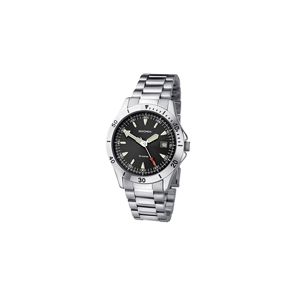 Sekonda Gents Analogue Quartz Watch with Black Dial and Silver Stainless Steel Bracelet 1930