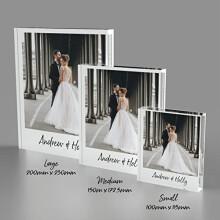 Personalised photo block, printed polaroid style, glass-like plaque, custom message/name, free-standing acrylic photo gift (Medium (150mm x 172.5mm))