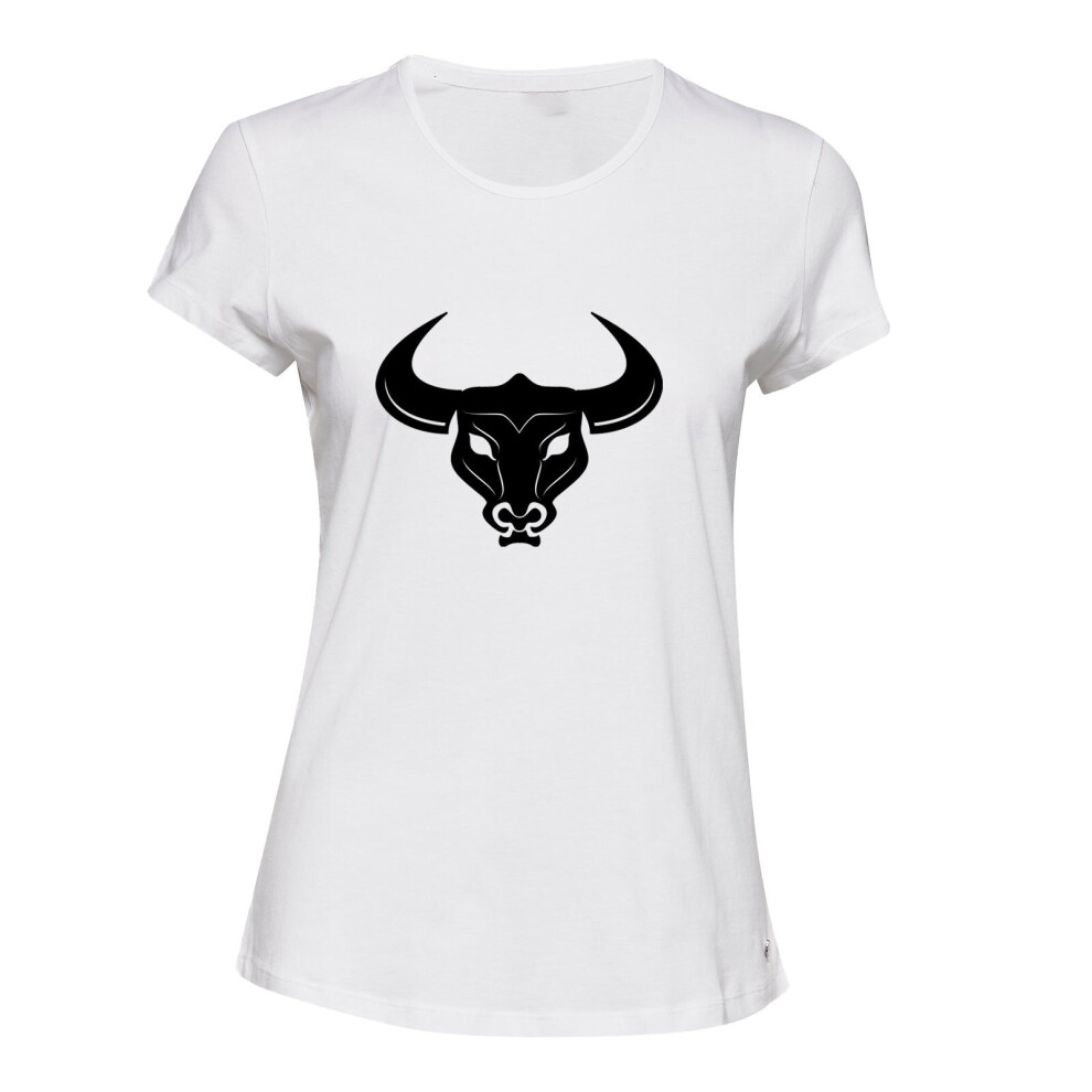 (White, M) Taurus Bull Head Zodiac Horoscope Astrological Sign Ladies Women T Shirt Tee Top