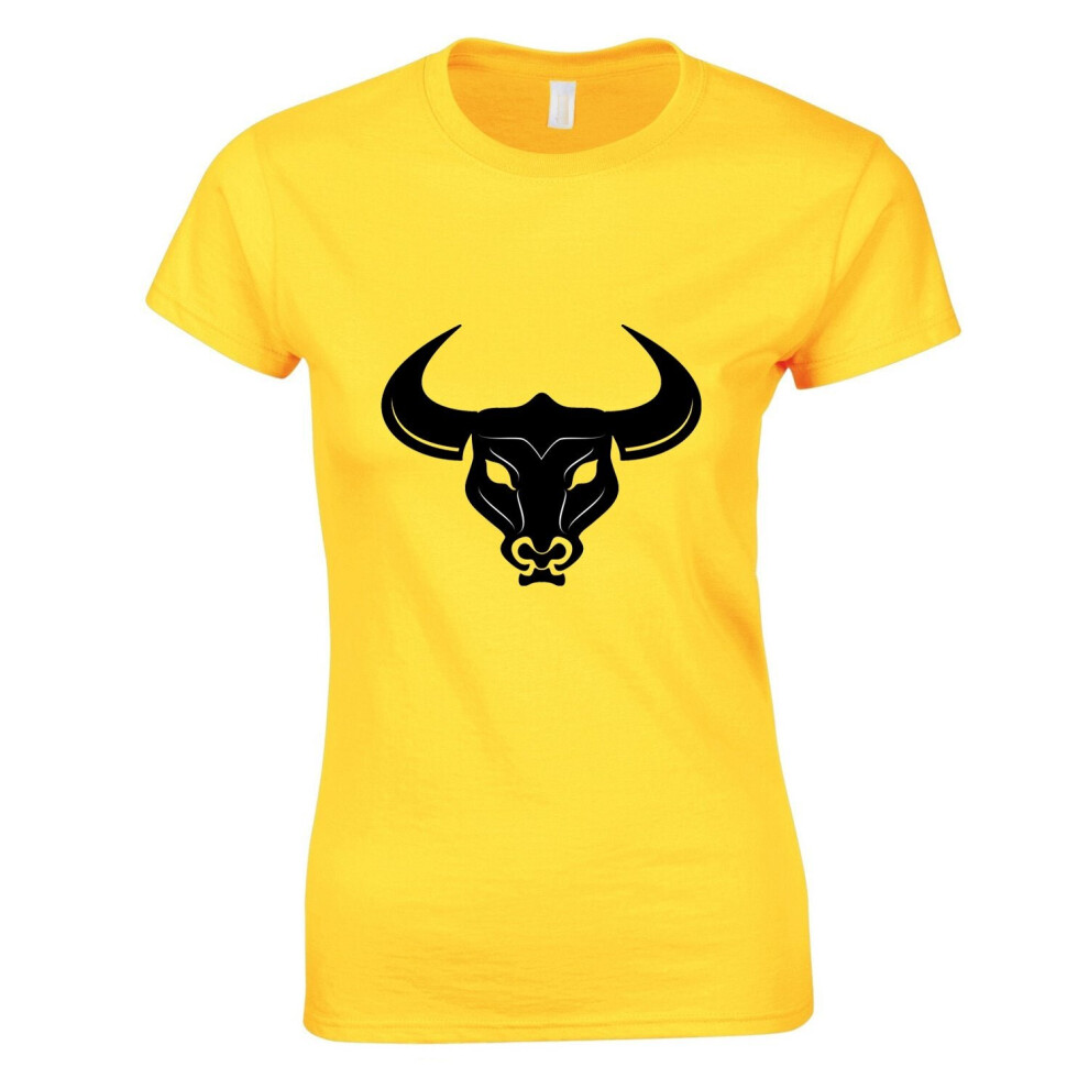 (Yellow, M) Taurus Bull Head Zodiac Horoscope Astrological Sign Ladies Women T Shirt Tee Top