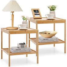 Bamboo Nightstand Set of 2 Side Table Square Lightweight End Table