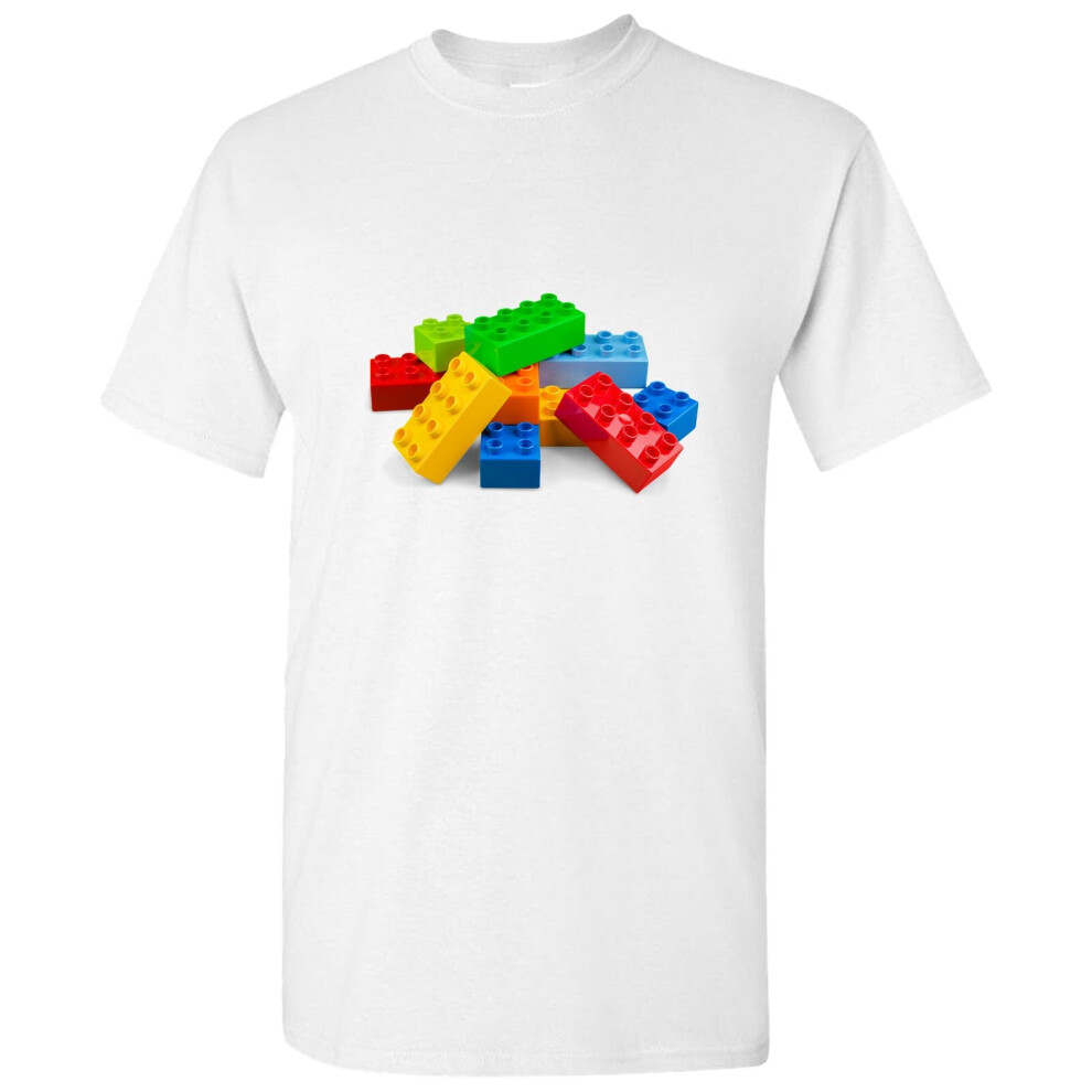 (White, L) Colourful Lego Building Blocks Brick Fun Toys Retro Men T Shirt Tee Top