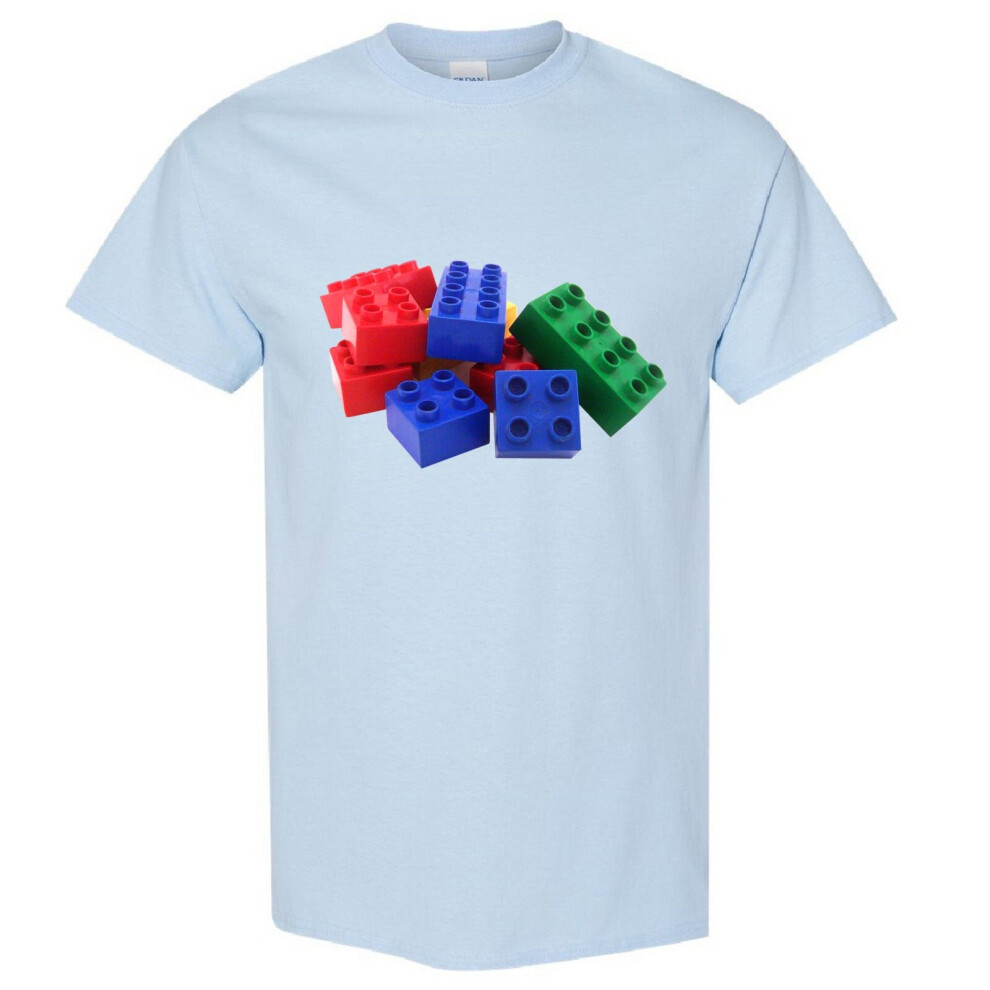 (Light Blue, M) Colourful Lego Building Blocks Brick Fun Toys Retro Men T Shirt Tee Top