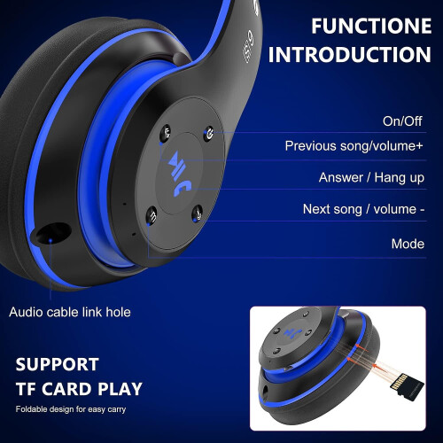 (Blue) Wireless Headset Foldable Bluetooth Headphones Over Ear 40 Hours Playtime 2