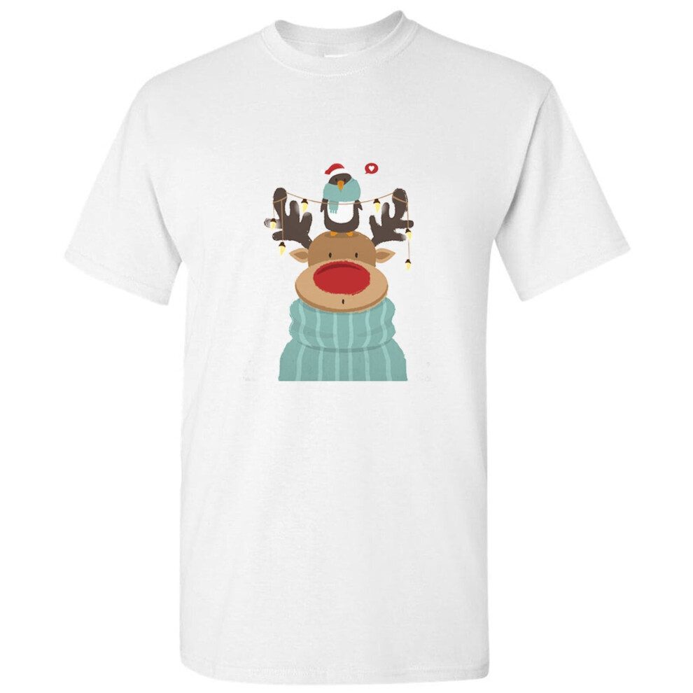 (M) Reindeer Deer Penguin Christmas Cartoon Art Men White T Shirt Tee Top