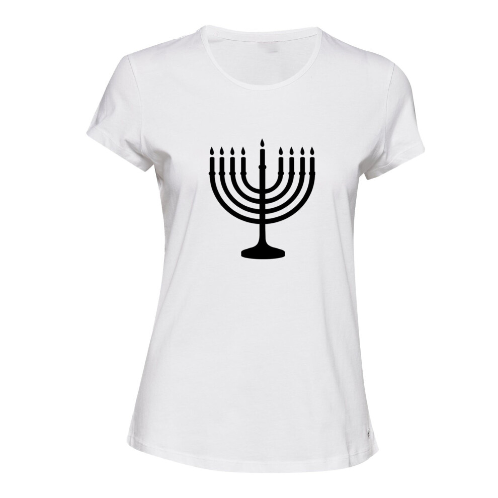 (White, XL) Jewish Judism Festival Celebration Hanukkah Ladies Women T Shirt Tee Top Logo