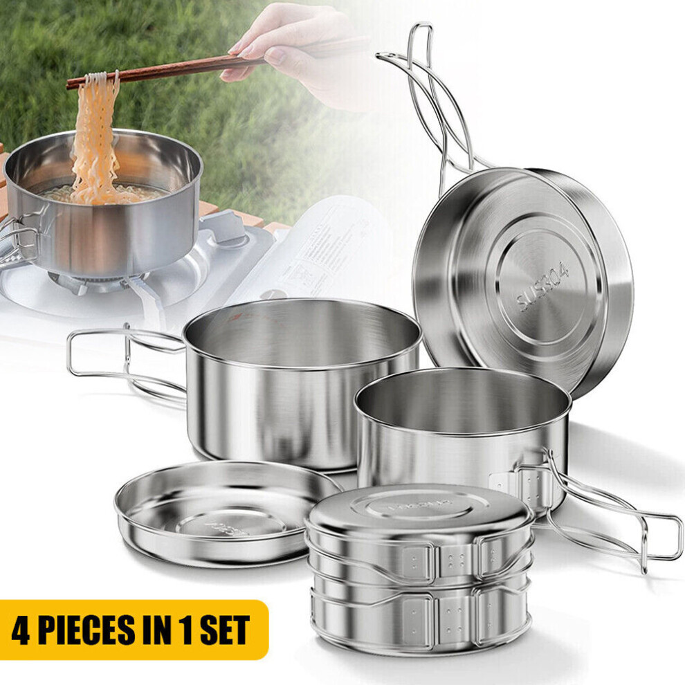 4X Camping Cookware Pot Set Stainless Steel for Hiking Picnic Fishing