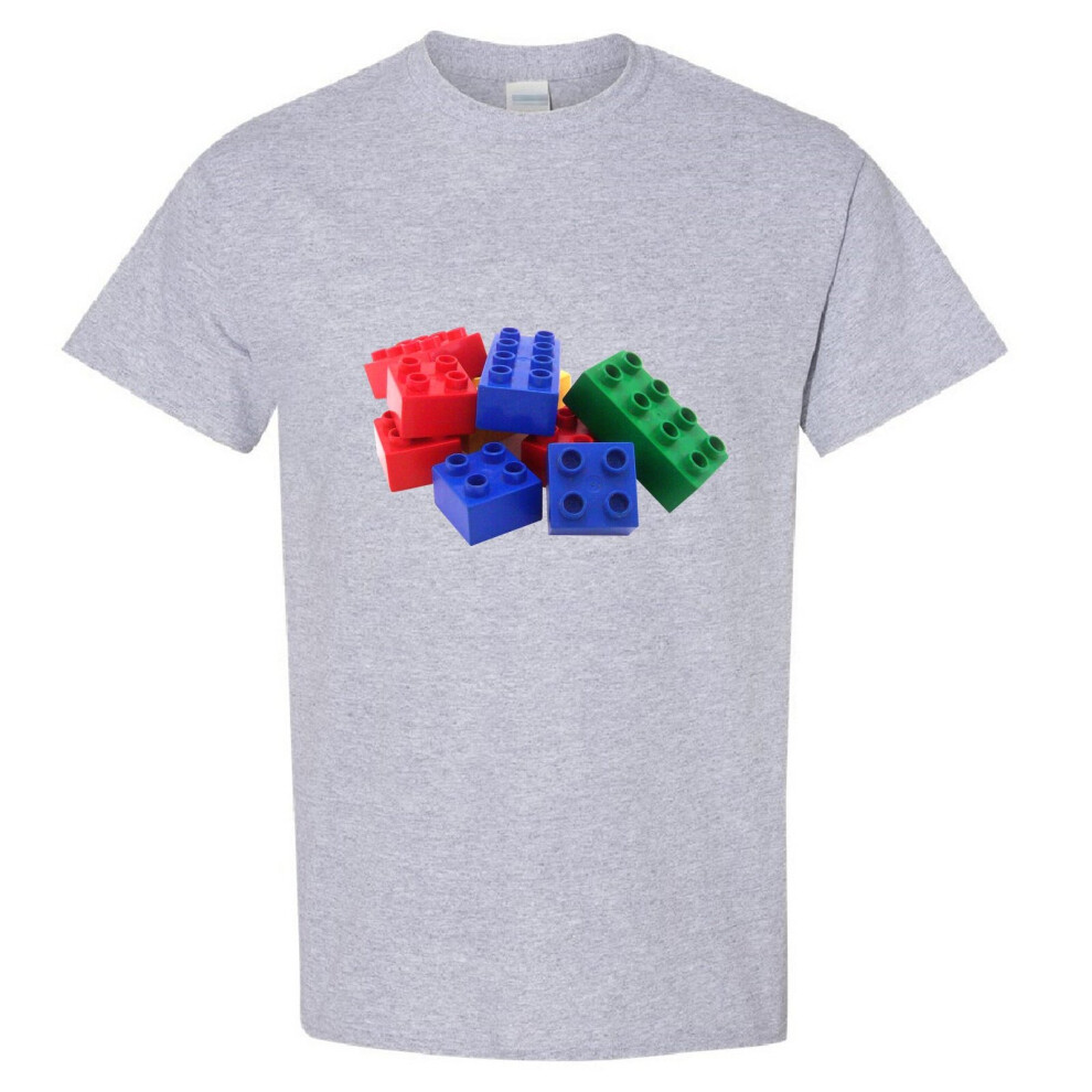 (Sport Grey, 5XL) Colourful Lego Building Blocks Brick Fun Toys Retro Men T Shirt Tee Top