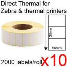 (10) Direct thermal labels rolls 56x25mm 2000/roll shipping tags for Zebra & thermal printer