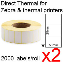(2) Direct thermal labels rolls 56x25mm 2000/roll shipping tags for Zebra & thermal printer
