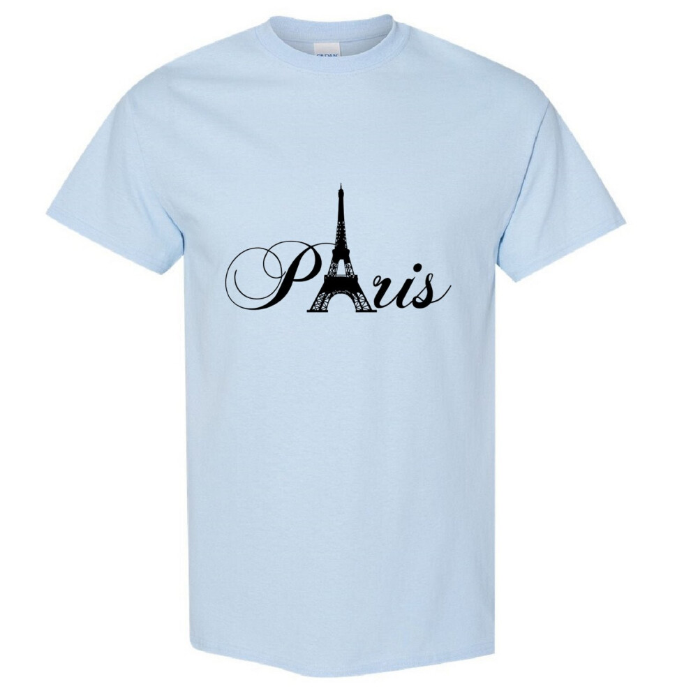 (Light Blue, M) Paris Black Silhouette Eiffel Tower France Art Men Print T Shirt Tee Top