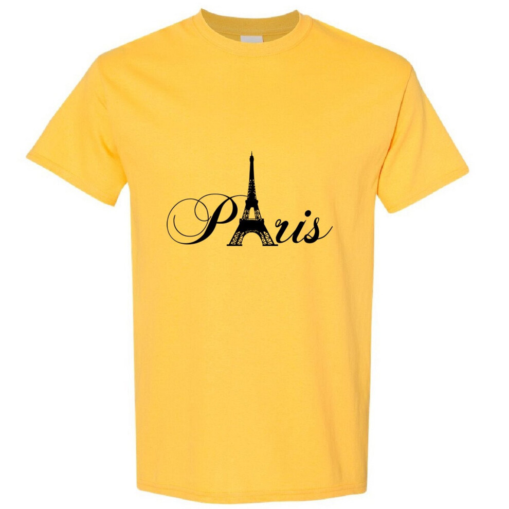 (Yellow, S) Paris Black Silhouette Eiffel Tower France Art Men Print T Shirt Tee Top