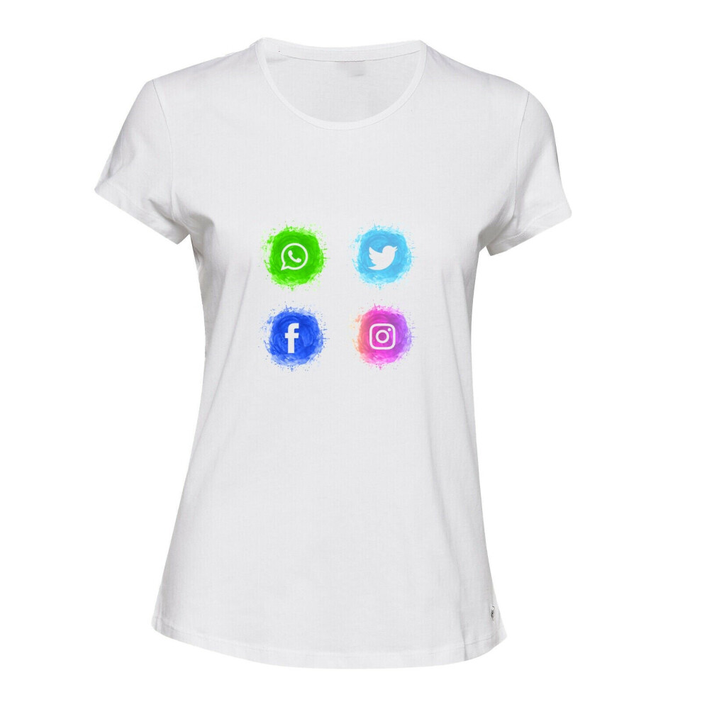 (2XL) Social Media WhatsApp Instagram FB Twitter White Ladies Women T Shirt Tee Top