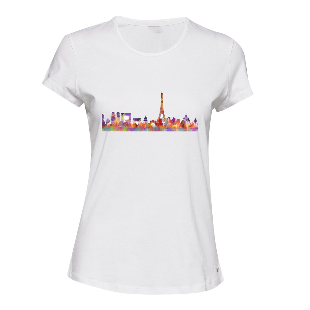 (L) Paris City France Eiffel Tower Painting Art White Ladies Women T Shirt Tee Top