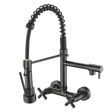 (Black) Chrome/Black Kitchen Faucet Dual Handles Hot Cold Water Kitchen Mixer Tap Wall Mounted Dual Swivel Spout Spring Pull Down Faucets