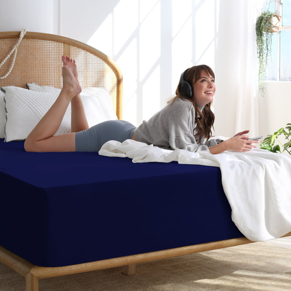 (Navy Blue, Single 40CM) Extra Deep Bed Sheets Fitted Sheets OR Plain Pillowcases Pair 25CM/40 CM Plain Bed Fitted Sheets-image-OPC-PBBFJ8Z-NEW