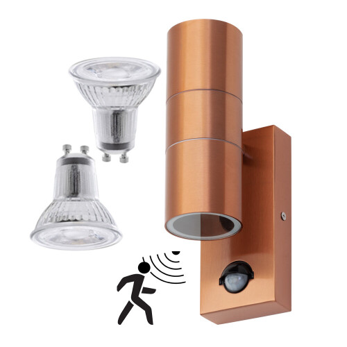 (Copper) Kenn Outdoor Up Down PIR Wall Light & LED Bulbs