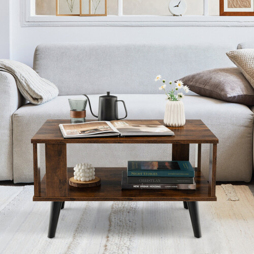 Costway 2-Tier Wooden Coffee Table Industrial Side Table Small Center Table 1