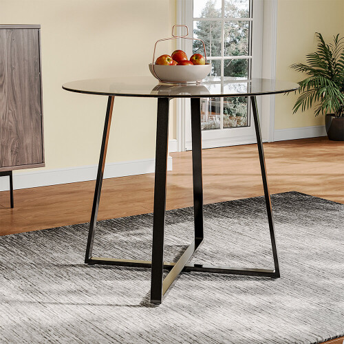 Living And Home Modern Round Dining Table with Tempered Glass Top