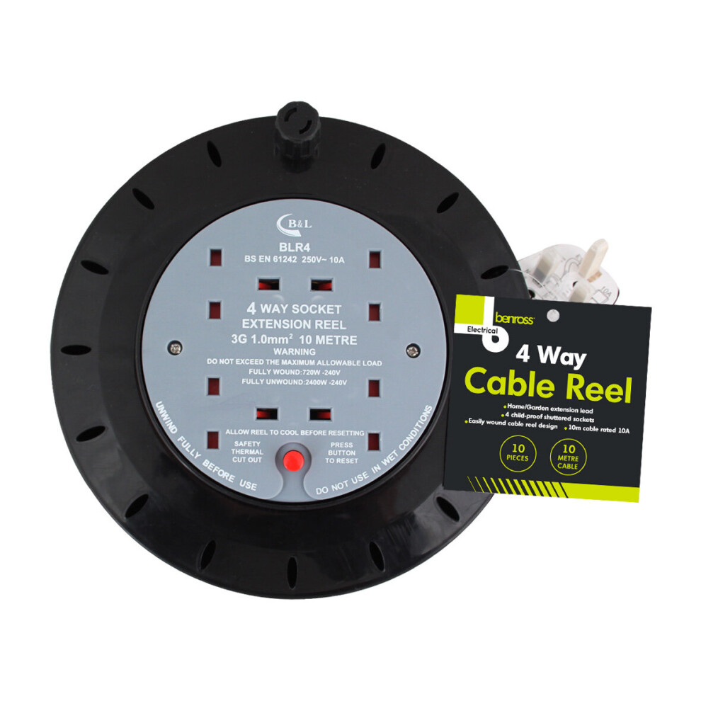 (10 Metres) Benross 4-Way Extension Cable Reels / 10m or 15m Cable Options / UK Plug Sockets