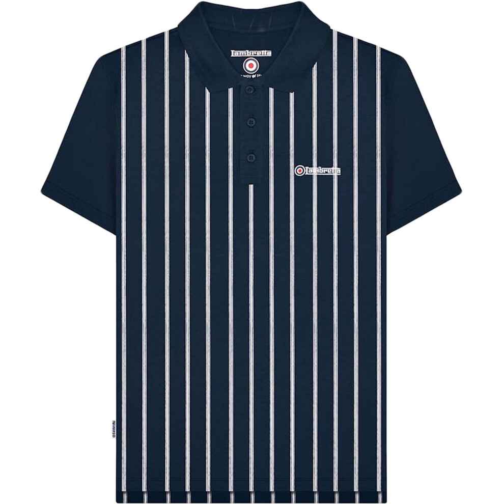 (L, Navy/White) Lambretta Mens Pinstripe Short Sleeve Contrast Collar Polo Shirt - Navy/White