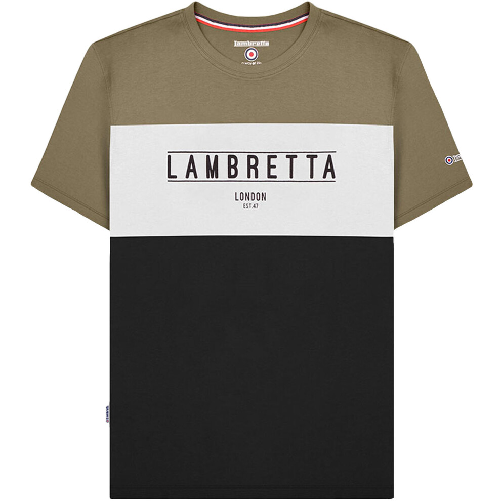 (S, Khaki/Black) Lambretta Mens Panel Short Sleeve Crew Neck T-Shirt Top Tee - Khaki/Black