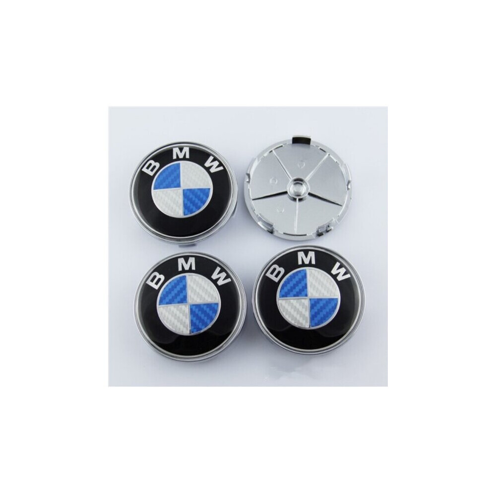 (Carbon ) 4X Bmw Wheel Centre Caps Hub Cover Emblem Carbon Fibre 68Mm Blue