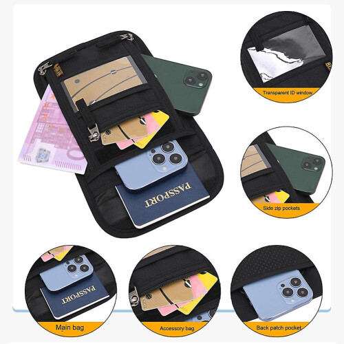 (Black) Rfid Blocking Passport Holder Travel Neck Bag Document Organizer Wallet 2