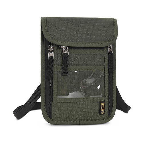 (Army Green) Rfid Blocking Passport Holder Travel Neck Bag Document Organizer Wallet