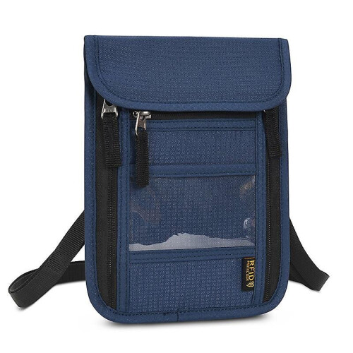 (Drak Blue) Rfid Blocking Passport Holder Travel Neck Bag Document Organizer Wallet