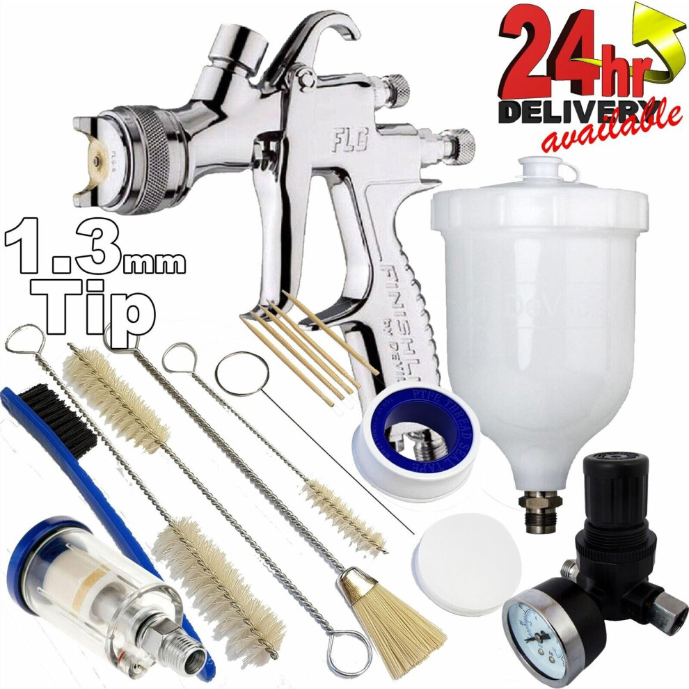 DeVilbiss FLG-5 1.3mm Paint Air Spray Gun + Air Filter/Regulator/Cleaning Kit 