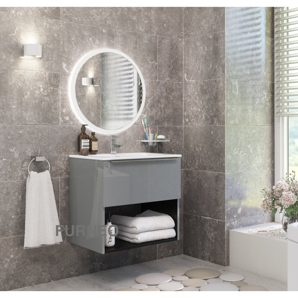 (2-Drawer 60cm, Matt Black) Furneo Bathroom Vanity Unit Floating Storage Basin Gloss Grey 60/80/120cm