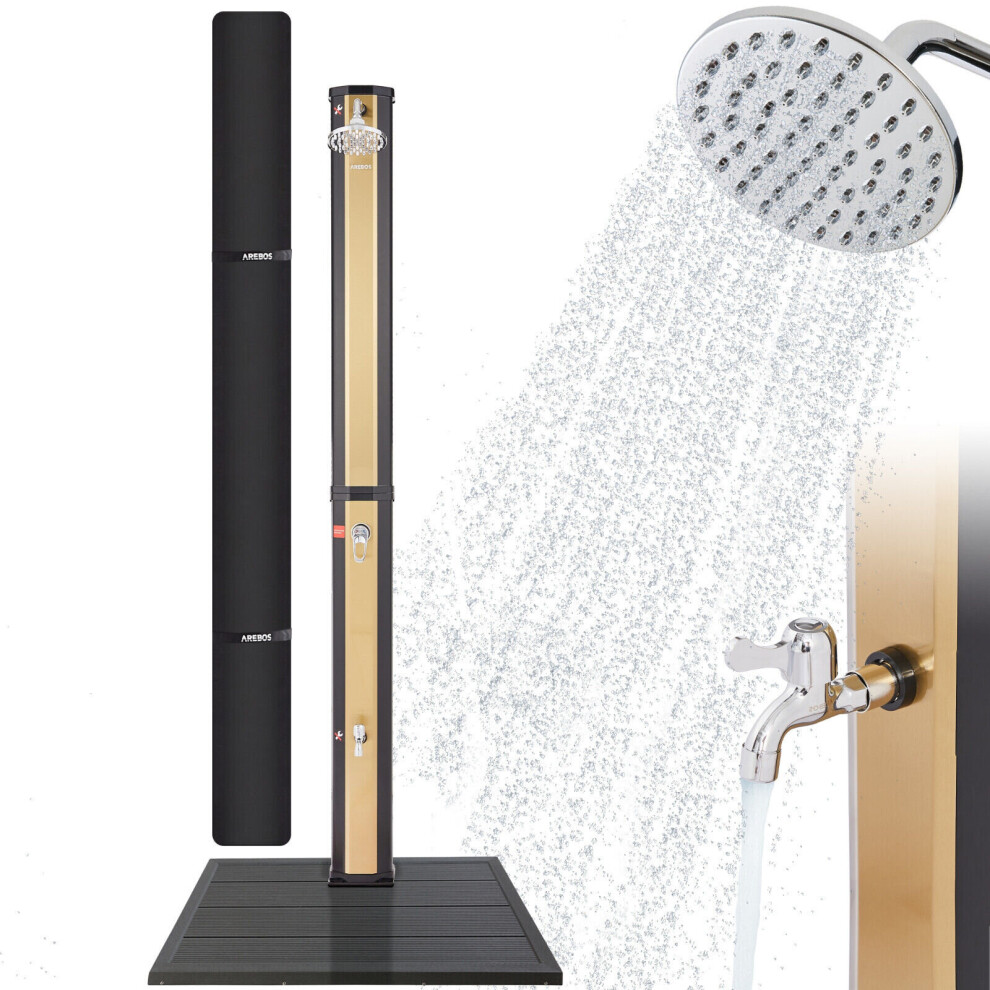 AREBOS Solar Shower 35L | with Hand Shower & Thermometer |Water Temperature up to 60C Pool Shower |Round Shower Head |Snap-In Technology | Black-Gold