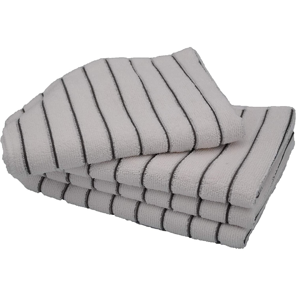 KAV 4 Pieces Soft Microfibre Tea and Dish Towels-Super Absorbent and Lint Free Kitchen Towel with White and Grey Stripe (45x65cm)