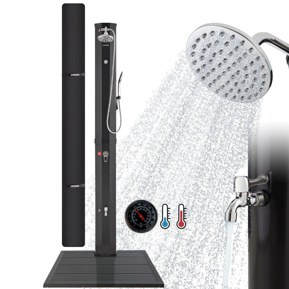 AREBOS Solar Shower 60 L | with Hand Shower & Thermometer | Water Temperature up to 60C Pool Shower Camping | Round Shower Head | Black