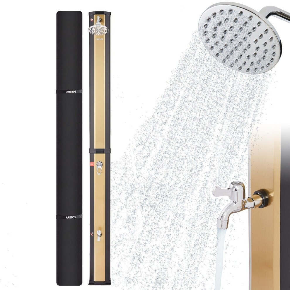 AREBOS Solar shower 35L | with integrated thermometer & foot shower| round shower head| snap-in technology | water temperature up to 60C|black-gold