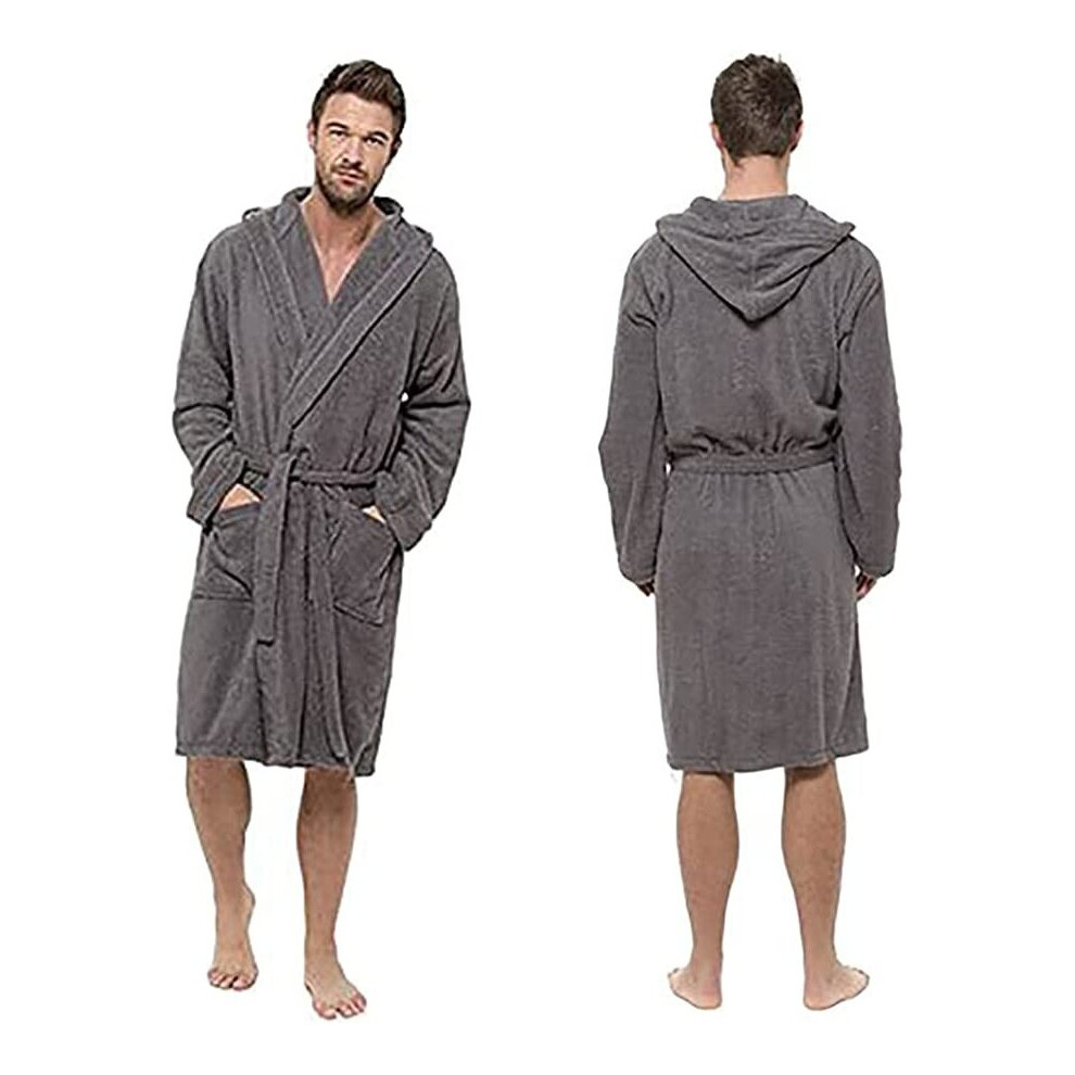 KAV Mens Hooded Towelling Robe-100% Cotton Bathrobe Dressing Gown with Large Pockets for Gym, Home, Shower, Hotel Robe (Grey,M/L)