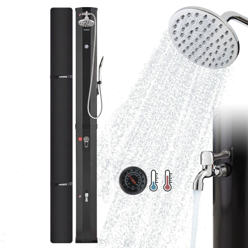 Arebos Solar Shower 60 L | with Hand Shower & Thermometer | Water Temperature up to 60C Pool Shower Camping | Round Shower Head | Black