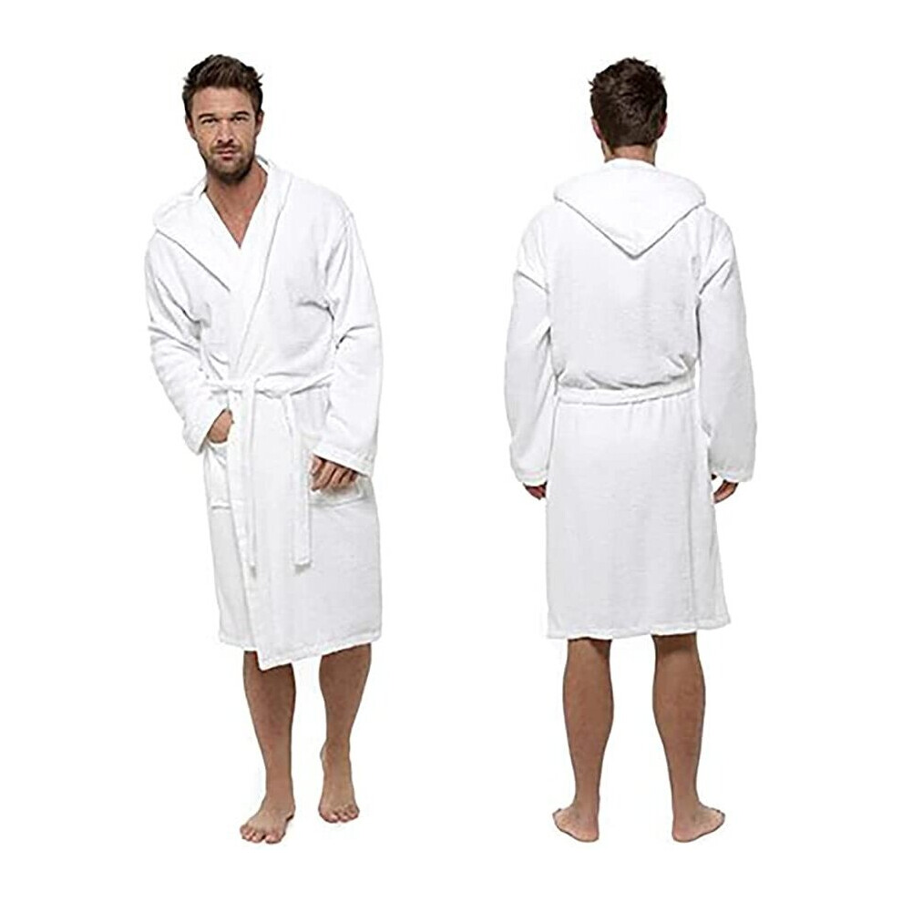 KAV Mens Hooded Towelling Robe-100% Cotton Bathrobe Dressing Gown with Large Pockets for Shower, Hotel Robe (White,L/XL)