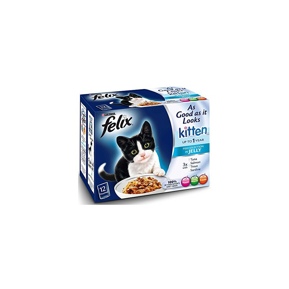 Felix As Good As It Looks Cat Food Kitten Mixed Selection in Jelly Wet Cat Food 12x100g (Pack of 4)