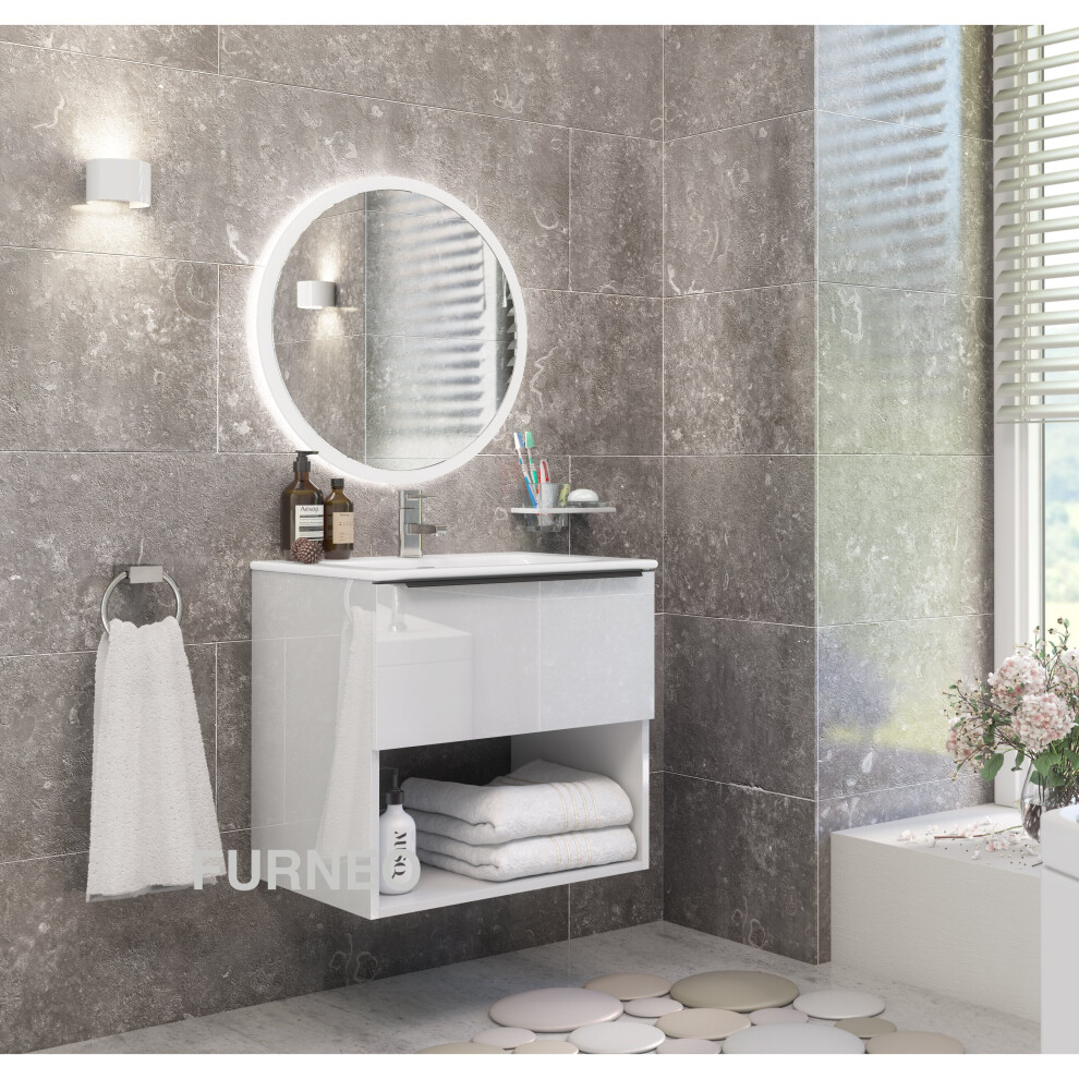 (2-Drawer 60cm, Chrome ) Furneo Bathroom Vanity Unit Floating Storage Basin Gloss White 60/80/120cm