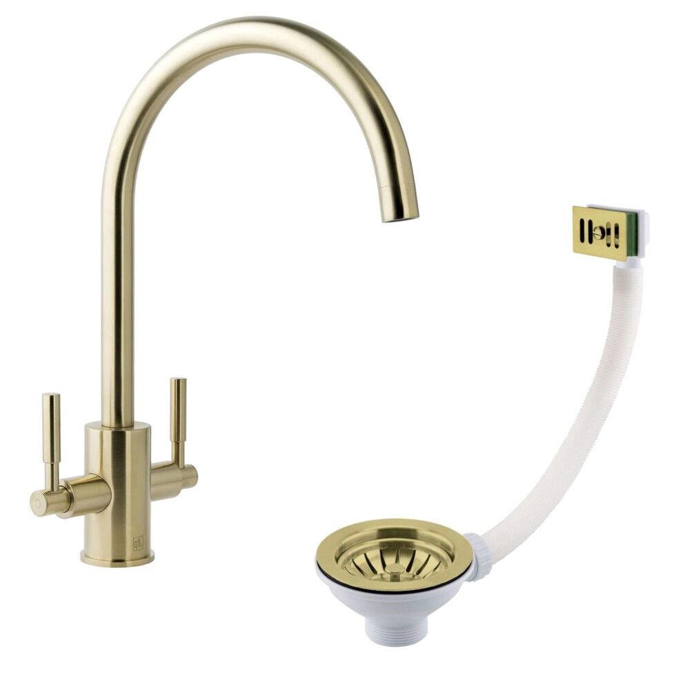 Newbury Brushed Brass Dual Lever Kitchen Sink Mixer & Basket Strainer (Square Overflow) 5060966974642