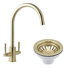 Brushed Brass Dual Lever Kitchen Sink Mixer & Basket Strainer No Overflow