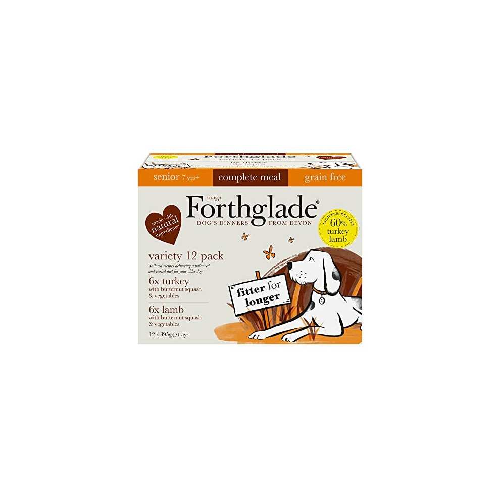 Forthglade Complete Natural Wet Dog Food - Grain Free Variety Pack (12 x 395g) Trays - Turkey & Lamb with Vegetables - Senior Dog Food 7 Years+